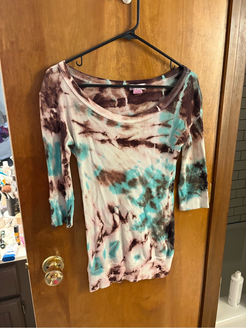 So Nikki Brown & Teal Tie-Dye Scoop Neck Long Sleeve Top